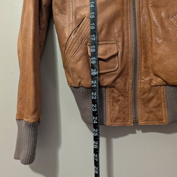 Fossil Womens Leather Bomber Jacket Brown Size Small Front Pockets Ribbed Trim - Picture 10 of 13